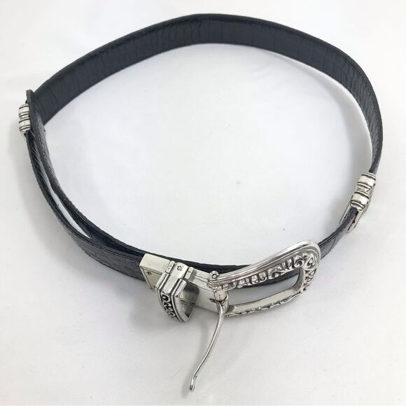 Brighton Black Brown Reptile Embossed Silver Scroll Hardware Reversible Belt - Picture 2 of 16